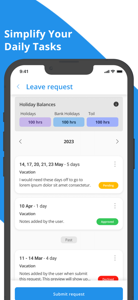 Alkimii app interface showing holiday balances and vacation request statuses for employees