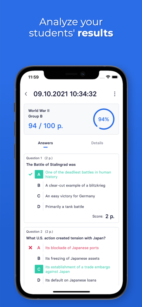 Examica for Teachers - Informe detallado de evaluación de estudiantes en Examica que muestra el porcentaje de puntuación y el análisis de preguntas individuales.