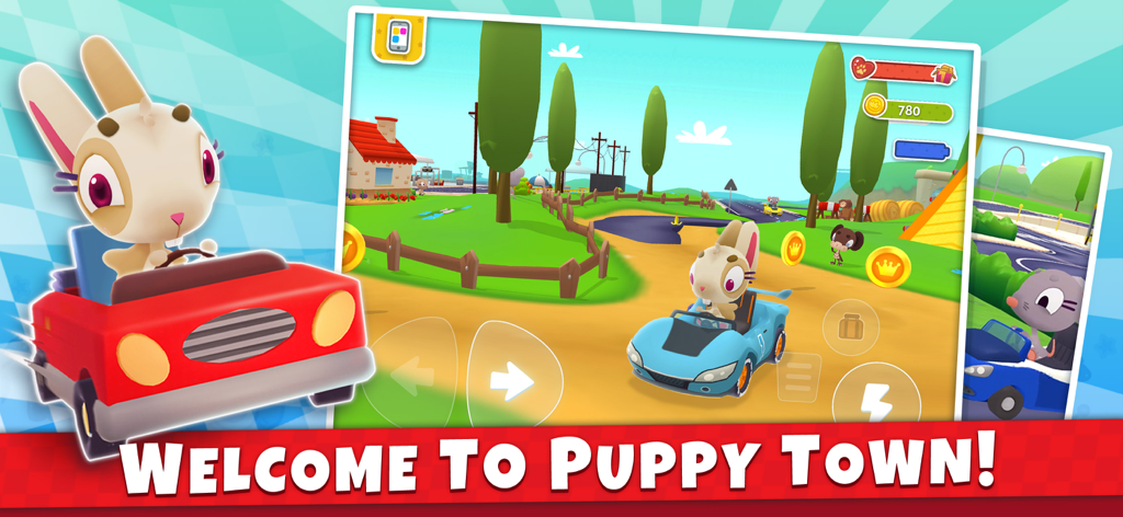 Puppy Cars - Games for Kids 3+ - A cute bunny character driving a car in Puppy Town from the kids game Puppy Cars