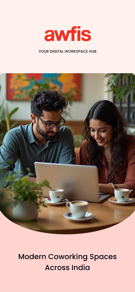 Awfis Coworking - A professional man and woman working on a laptop at a modern Awfis coworking hub in India.