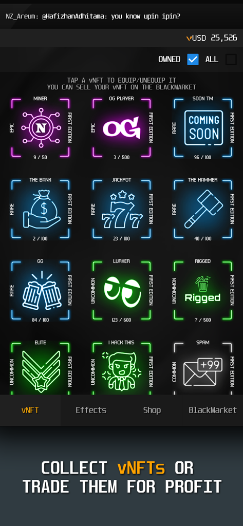 vHack Revolutions: Hacker Game - Virtual NFT collection and black market trading screen in vHack Revolutions hacker simulator game