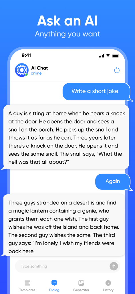 Chat AI & Generator - Screenshot of the Chat AI and Generator mobile app showing a conversational interface with an AI chatbot telling jokes.