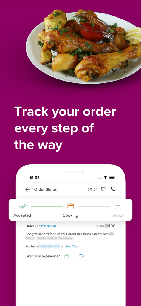 Interfaccia dell'app BigFoodie che mostra il tracciamento in tempo reale dello stato dell'ordine del cibo, dall'accettazione alla cottura