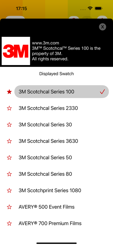 CAL Select 앱에서 3M 및 Avery 브랜드를 포함한 접착 필름 시리즈 선택 메뉴