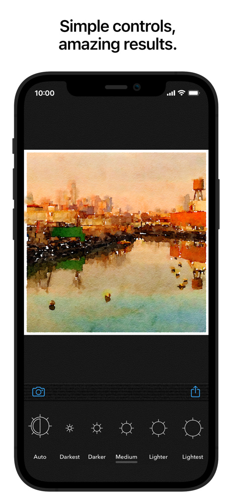 Watercolor painting of a cityscape in the Waterlogue app with brightness adjustment settings