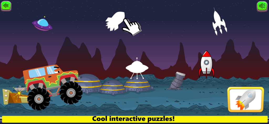 Monster Truck Games! Go Racing - Monster truck in a space-themed interactive puzzle game for kids featuring rockets and UFOs