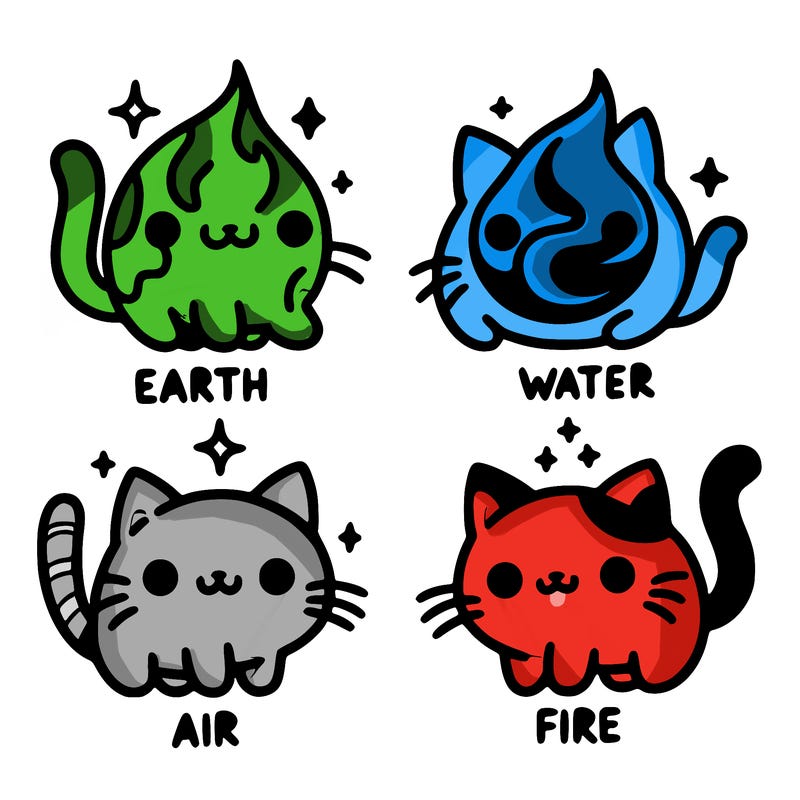 4 cats that represent the different elements, earth, water, air, and fire