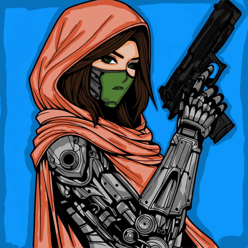 realistic female assassin with metal arm with a cape holding a gun