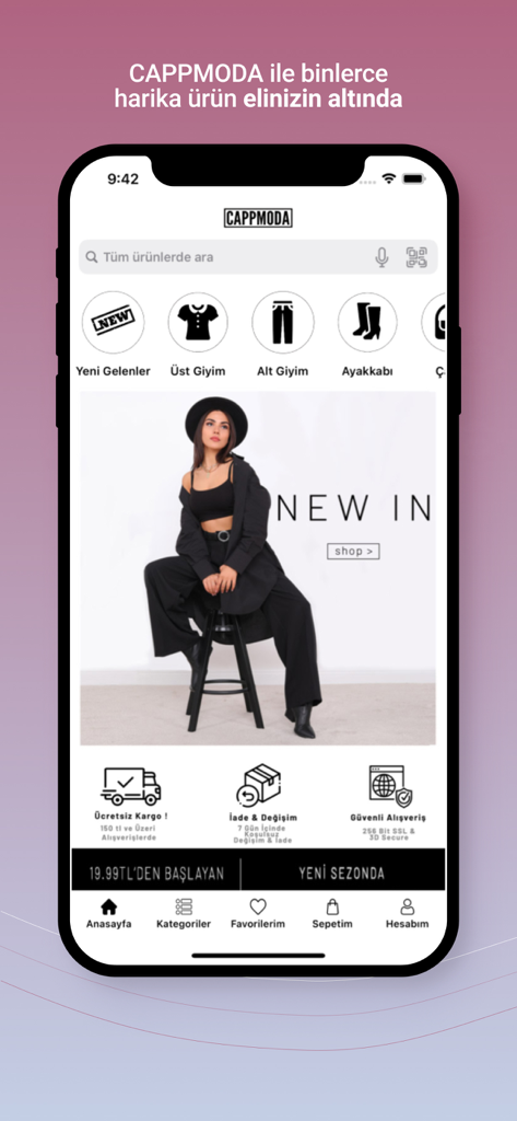 Cappmoda - Cappmoda mobile app home screen displaying boutique clothing categories and a new arrivals banner featuring a woman in black apparel.