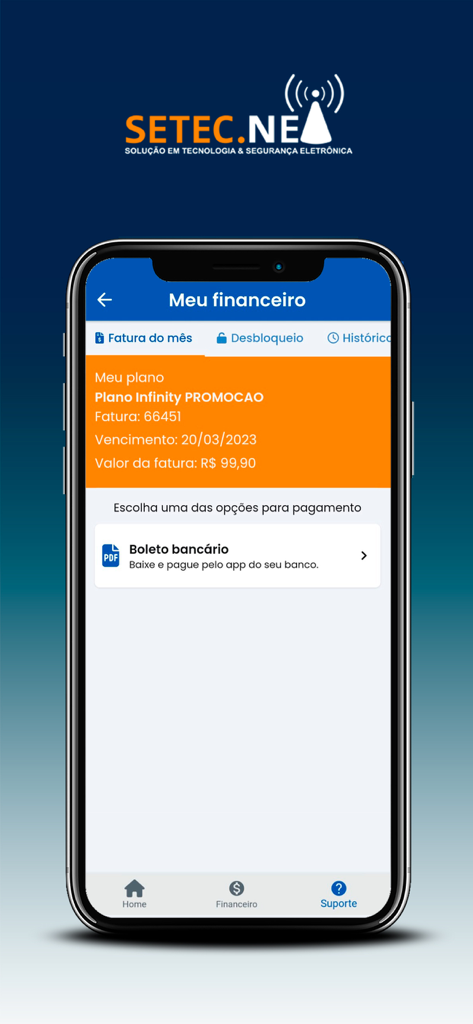 SETEC.NET - Uma tela de celular do aplicativo SETEC.NET mostrando uma fatura mensal de serviço de internet com opções de pagamento.