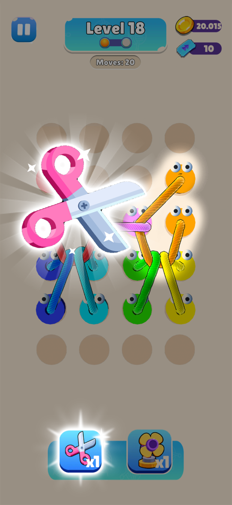 Rope Tangle 3D - Puzzle Game - Pink and blue scissors power up cutting through tangled ropes in a puzzle game level