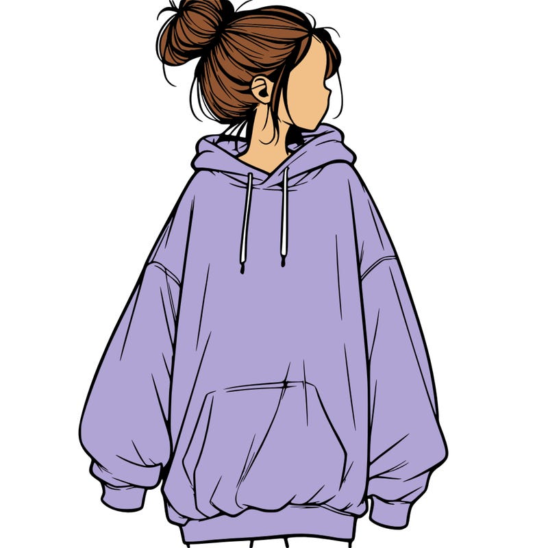 realistic girl with a oversized sweatshirt on and a bun
