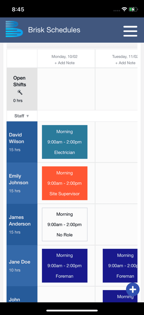 Brisk Schedules - The Brisk Schedules app displaying a weekly staff schedule with assigned shifts and roles