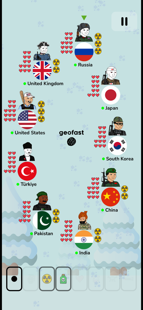 Pantalla de juego de Geofast Battle of Nations que muestra varias naciones del mundo con barras de salud e iconos nucleares en un mapa nevado.