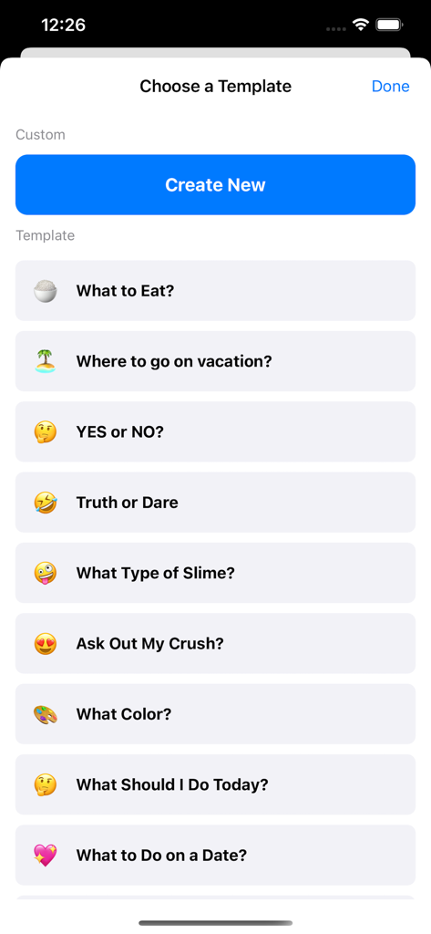 Template selection menu for making decisions in the Spin The Wheel app