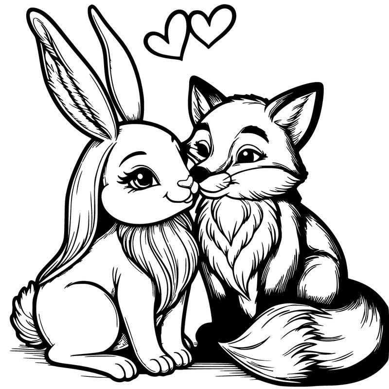 a realistic rabbit and a fox in love