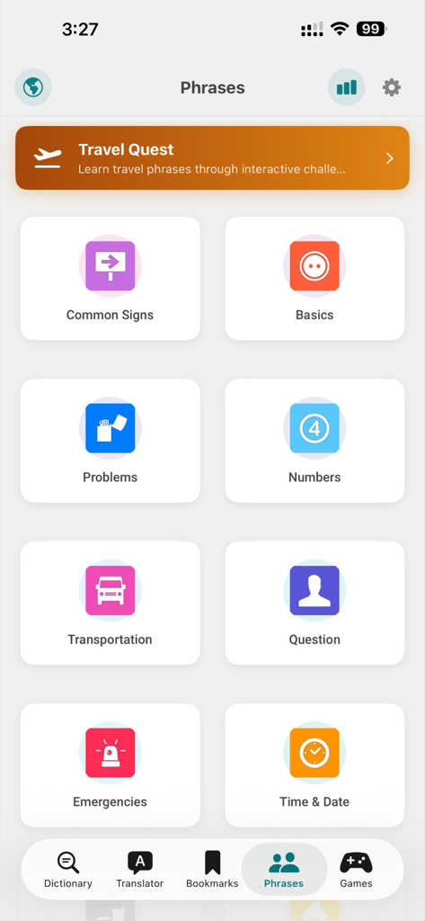 Dictionary & Translator Pro - Phrases screen with categories for travel basics and emergencies in the Dictionary and Translator Pro app