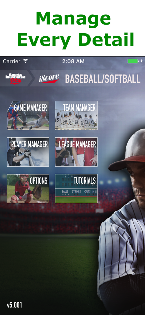 iScore Baseball and Softball - Main menu screen of the iScore Baseball and Softball app showing management options for games teams and players