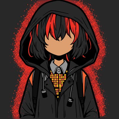 little anime girl in a raincoat her hair is covering her eyes she has a lighter