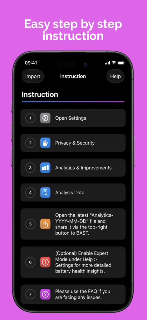 BAST: Battery Status - Step by step instructions in the BAST app for importing battery analytics logs