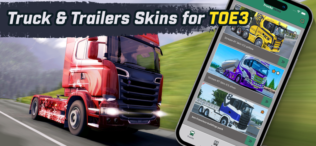 Skins for Truckers of Europe 3 - Interface do aplicativo móvel exibindo uma galeria de skins personalizadas de caminhões e reboques para o jogo TOE3