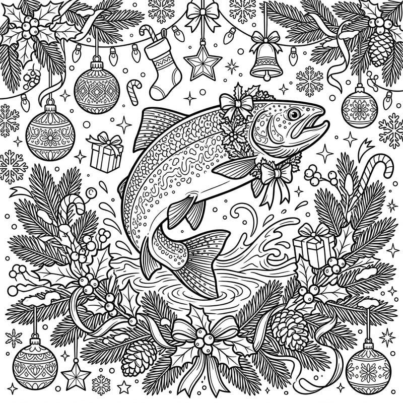 Explore a unique holiday scene with our detailed Christmas Trout coloring page. This intricate design, blending aquatic life with festive cheer, offers teens a captivating artistic challenge.