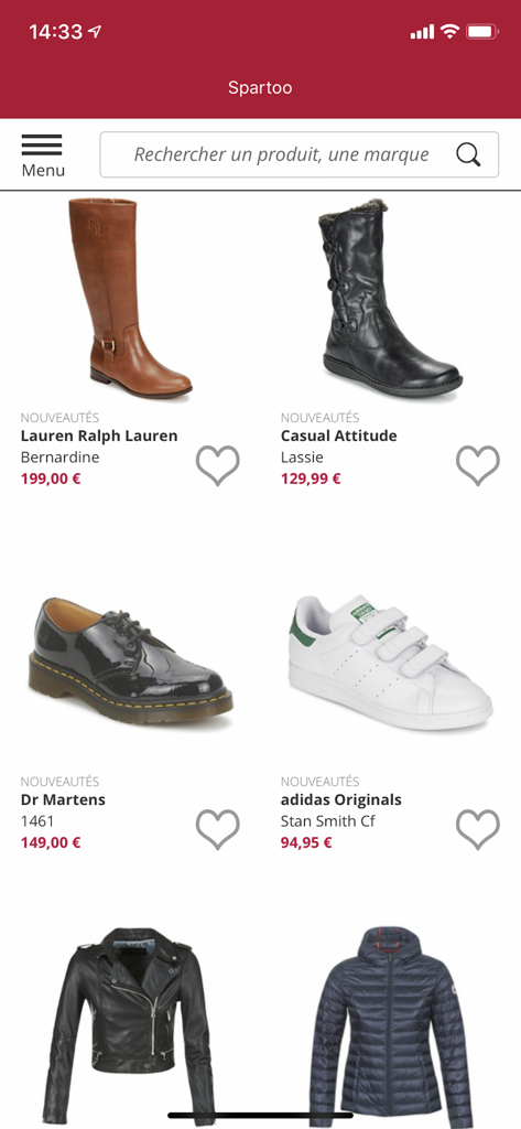 Tela do aplicativo Spartoo exibindo uma variedade de sapatos e roupas de grife