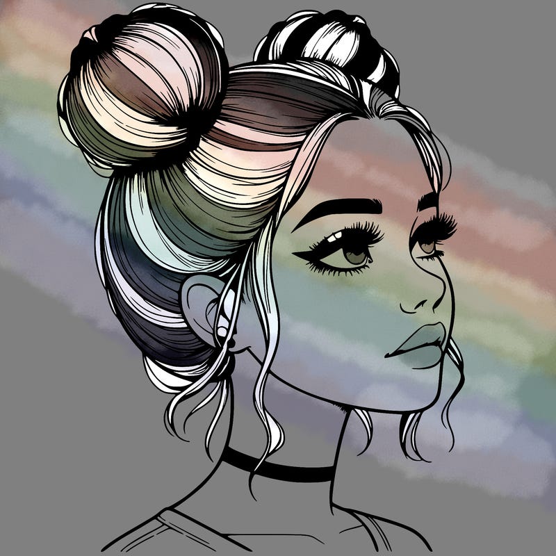 realistic girl with buns on the top of her head