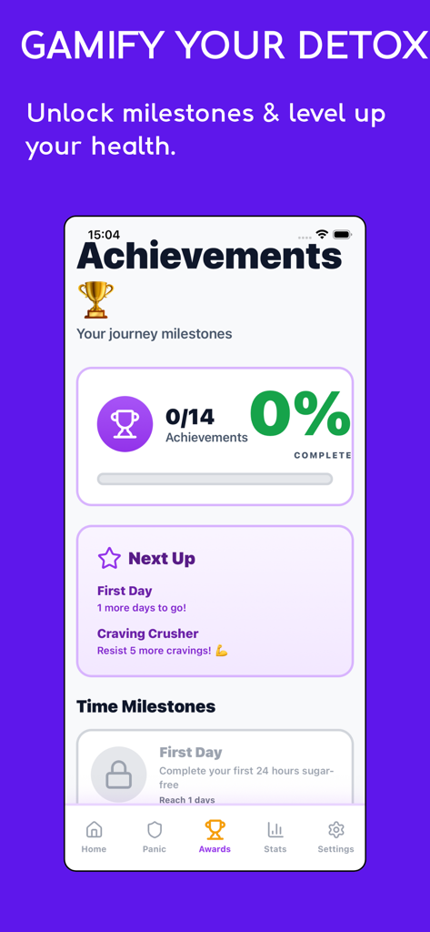 No Sugar Challenge: Detox App - No Sugar Challengeアプリのアチーブメントとマイルストーン画面。健康の進捗状況が表示されています。