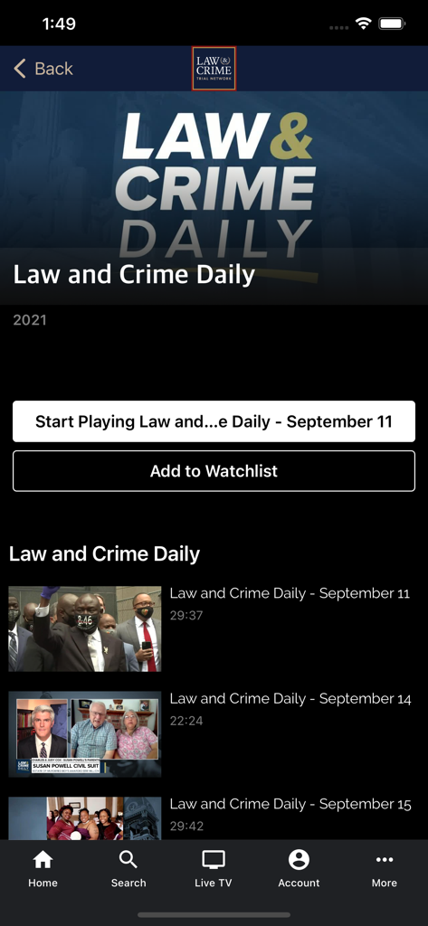 Law & Crime Trial Network - Law and Crime Daily mobile app interface showing a list of legal news episodes