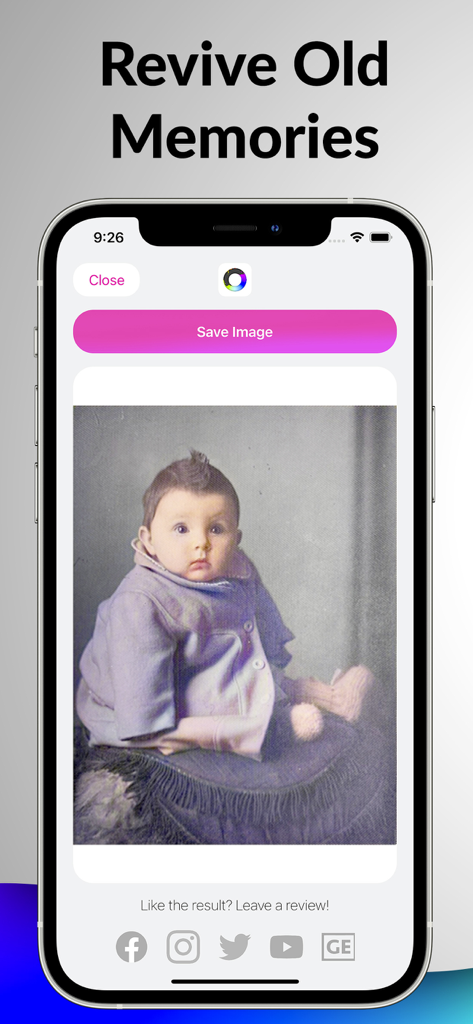Smartphone displaying a colorized vintage baby photo in the Image Colorize app