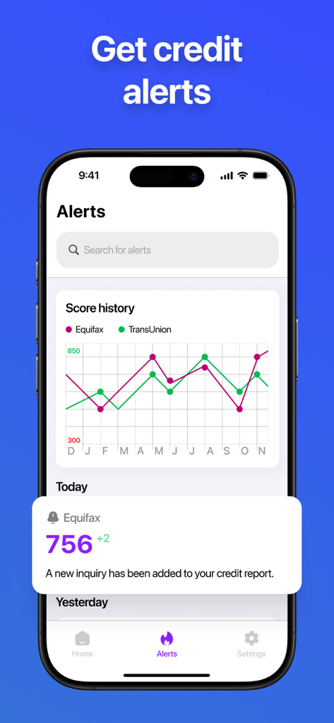 Credit Score Check - Mobile app screen showing credit score history graph for Equifax and TransUnion with a notification alert for a new credit inquiry