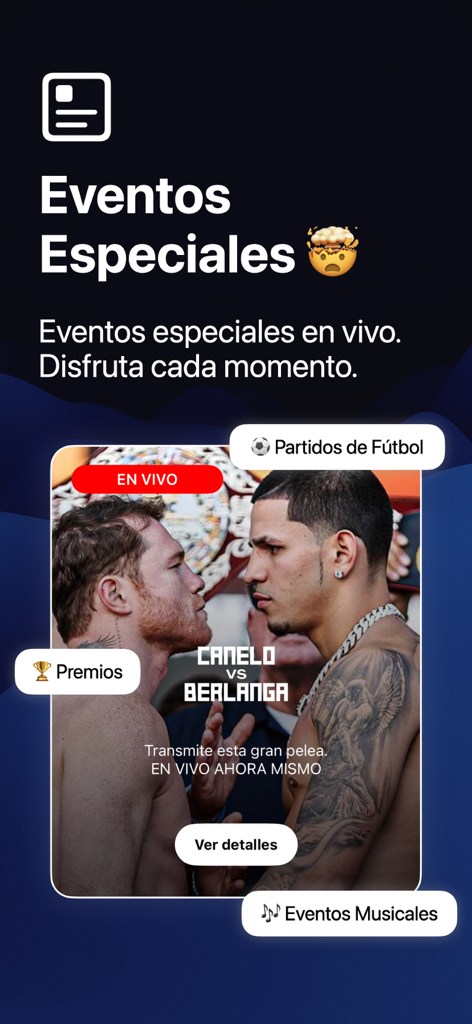 TV Mexicana - En Vivo - Sección de eventos especiales de la aplicación TV Mexicana mostrando deportes en vivo y entretenimiento.