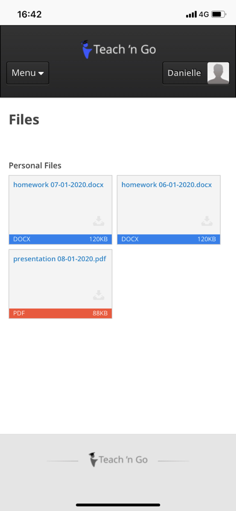 Teach 'n Go - Interface of the Teach n Go app showing a list of personal files including homework documents and lesson presentations