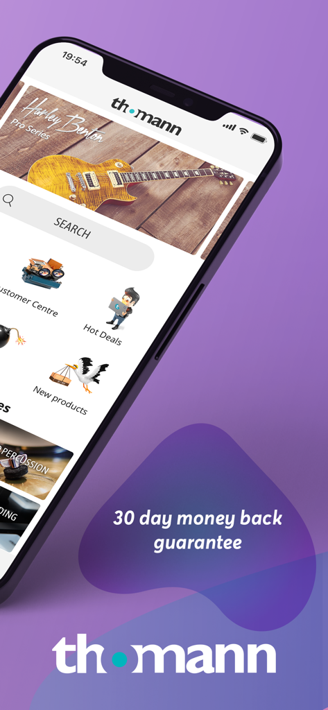 Thomann Official - Thomann Official app interface showing musical instruments and 30 day money back guarantee banner