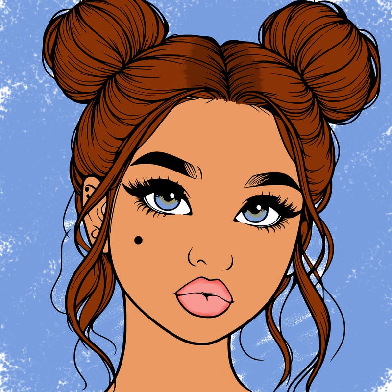 realistic girl with two buns on her hair and lips