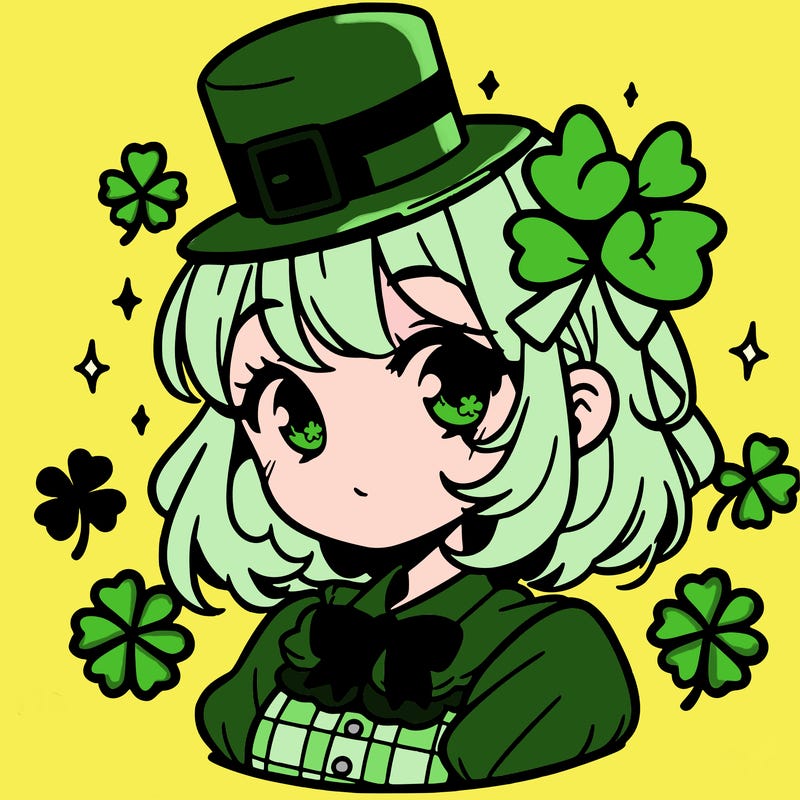 a manga-style girl with clovers around her, a little hat in her hair, like it's saint patrick's day