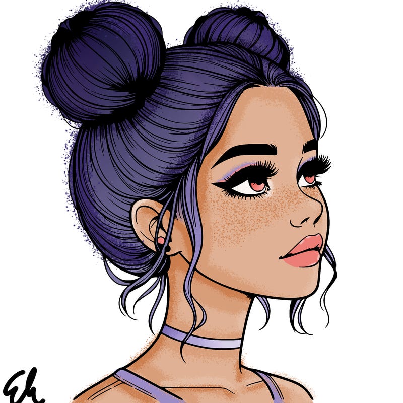 realistic girl with buns on the top of her head