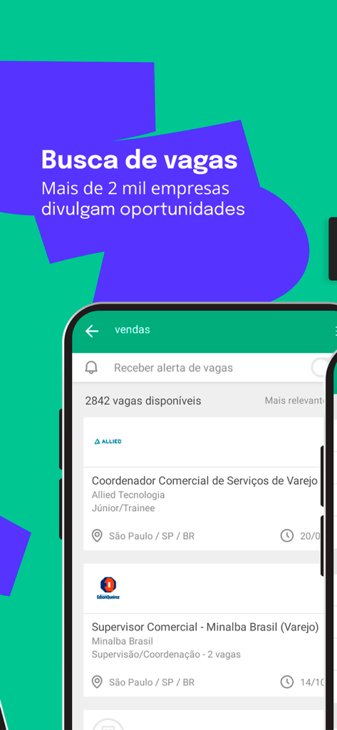 Vagas de Emprego - Vagas.com - Interface do aplicativo móvel Vagas.com mostrando uma lista de oportunidades de emprego em vendas em português