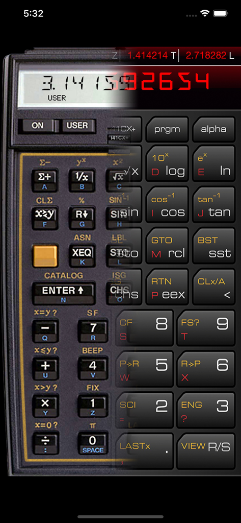i41CX+ - Interfaz de la aplicación de calculadora científica RPN i41CX plus que muestra opciones de aspecto clásicas y modernas personalizables