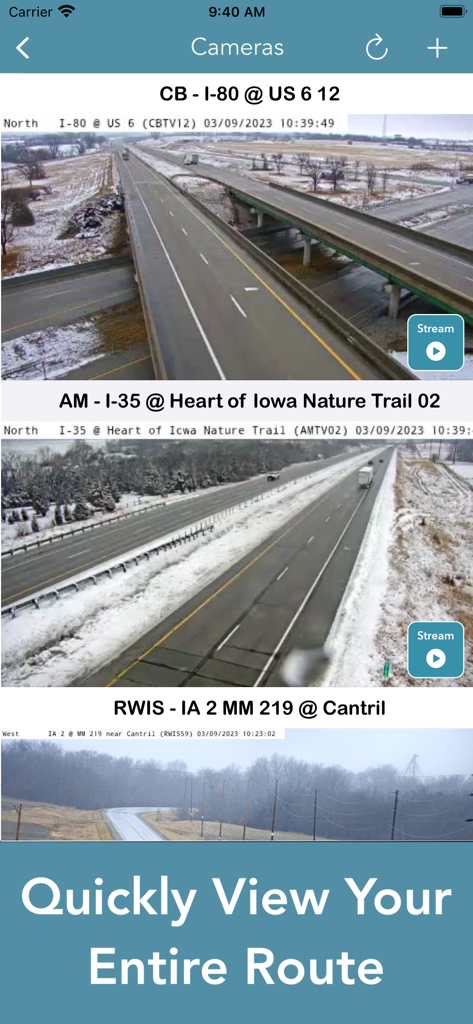 Iowa 511 Traffic Cameras - Screenshot of Iowa 511 Traffic Cameras app showing multiple live road feeds on snowy highways.