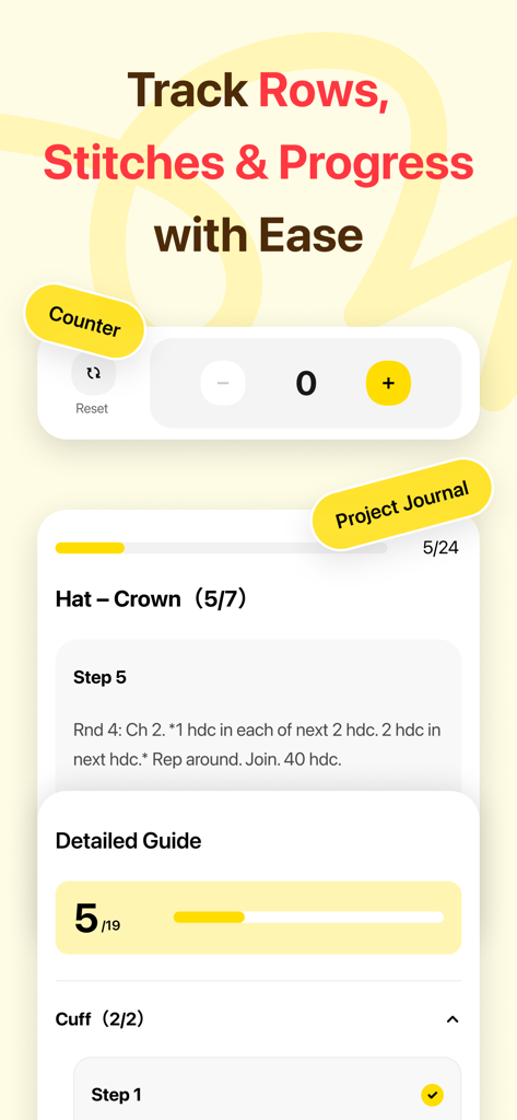 A screenshot of the LoopCraft app interface displaying a digital row counter and a project journal for tracking knitting and crochet progress