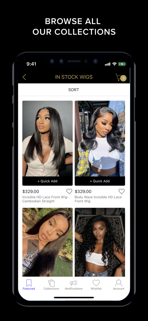 Wigdealer mobile app screen showing a curated collection of premium HD lace front wigs with pricing and quick add options