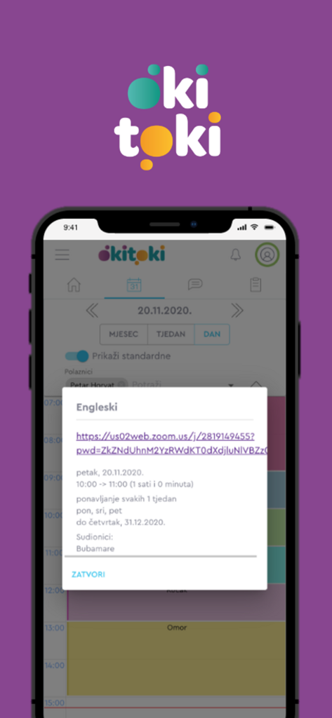 Okitoki - Okitoki mobile app showing a school calendar with a popup window for an English class including a Zoom link