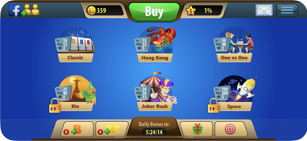 Rummy World - Rummy World game lobby showing various themed play rooms and rewards