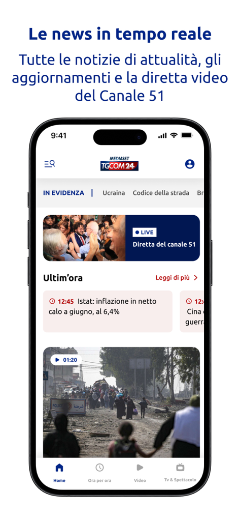 TGCOM24 - TGCOM24 mobile app home screen showing real-time news headlines and live video channel streaming on an iPhone.