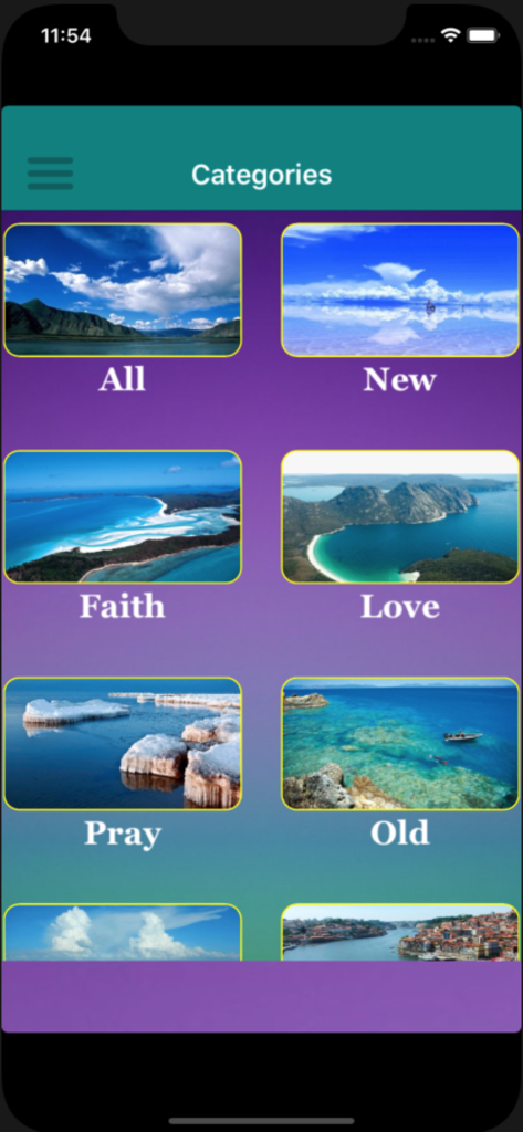 Christian Song - Christian Song app categories menu featuring themes like Faith Love and Pray with nature backgrounds