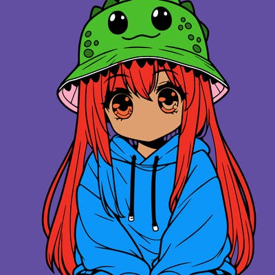 girl with anime shaped eyes with a dinosaur bucket hat oversized sweatshirt long straight hair