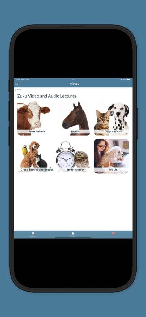 ZukuReview app screen showing veterinary lecture categories for farm animals equine dogs cats and exotics