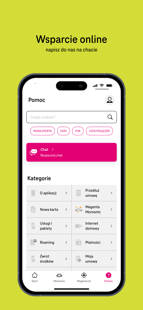 Interface of the Mój T-Mobile app showing the help section with online support options and service categories